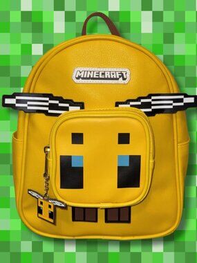 Minecraft Bee Backpack Yellow Faux Leather w/ Metal Bee Charm EUC